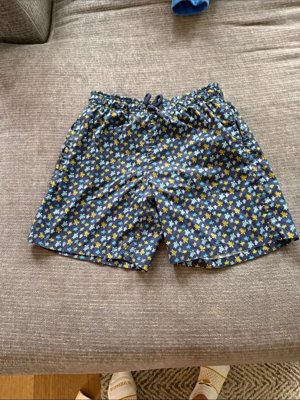 Vilebrequin Navy Swim Trunks with Blue and Yellow Floral Print